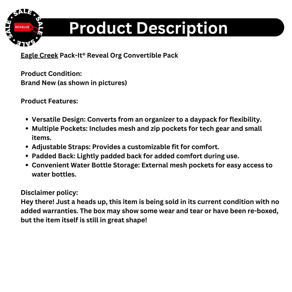 Eagle Creek Pack-it Reveal Org Convertible Pack Backpack‎ Bag Multiple Pockets